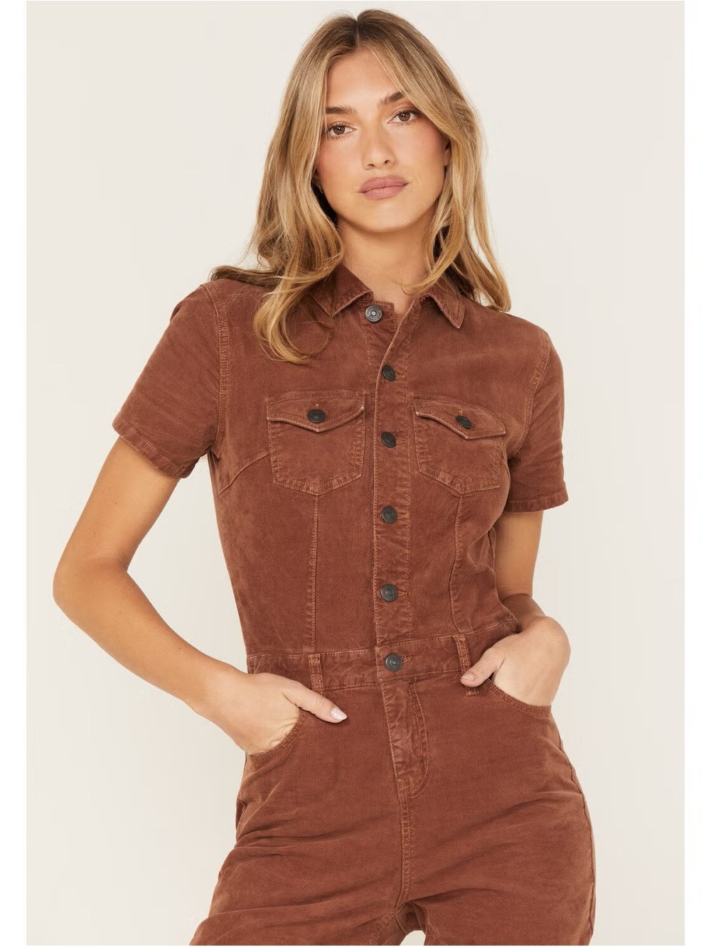 Classic Short-Sleeve Corduroy Jumpsuit in Brown